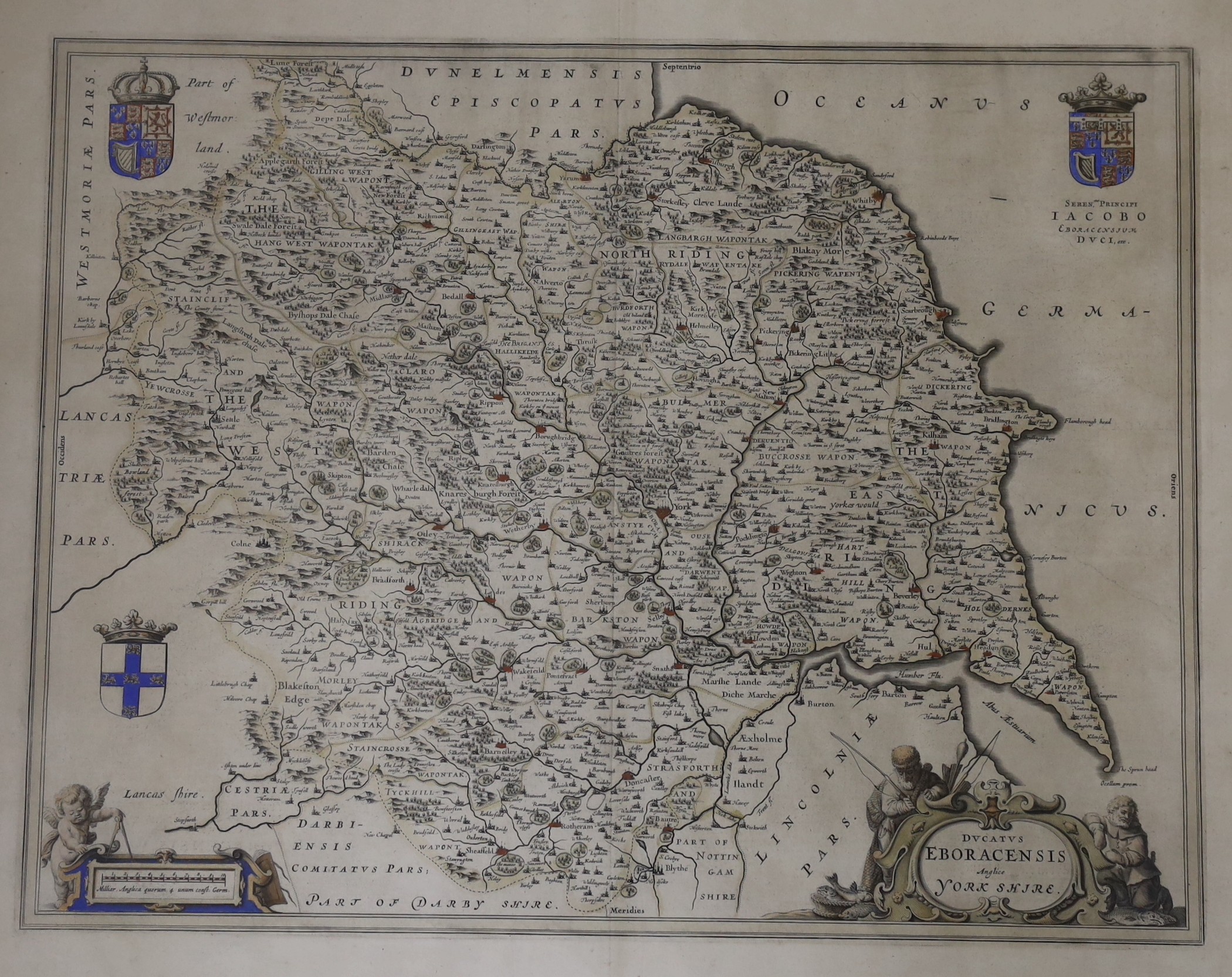 Johannes Blaeu, two coloured engravings, Maps of Devonia and Eboracensis (Yorkshire), overall 50 x 58cm (later impressions)